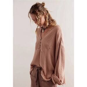 Free People Sz S Orange Easy Sunday LS Gathered Gauze Curved Btn Tunic